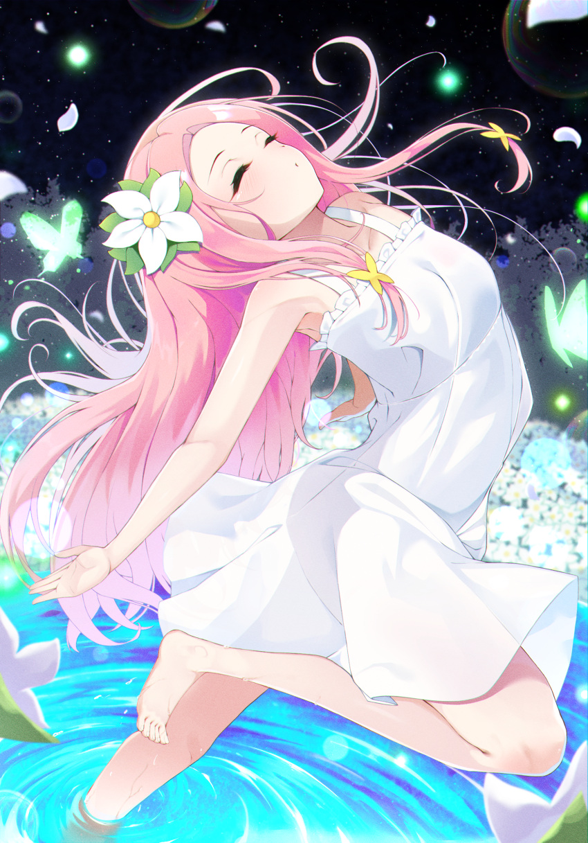 1girl, arched_back, barefoot, bug, butterfly, closed_eyes, closed_mouth, commentary