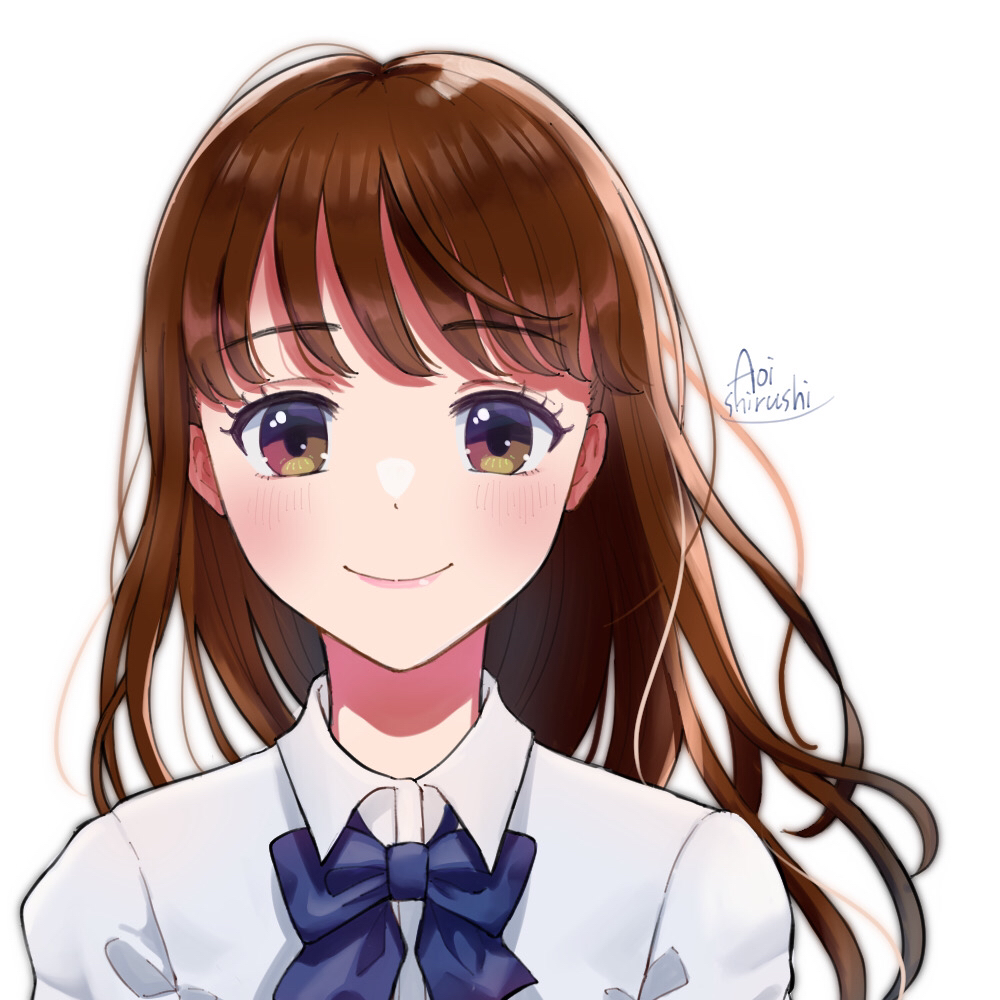 1girl, blush, bow, bowtie, braid, brown_eyes, brown_hair, collared_shirt, facing_viewer, konatsu_miki, low_twintails, medium_hair, original, school_uniform, shirt, smile, solo, straight-on, twintails, upper_body