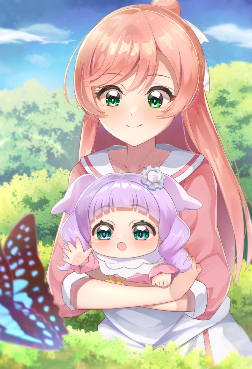 2girls, aqua_eyes, blue_sky, blurry, blurry_foreground, blush, bug, butterfly