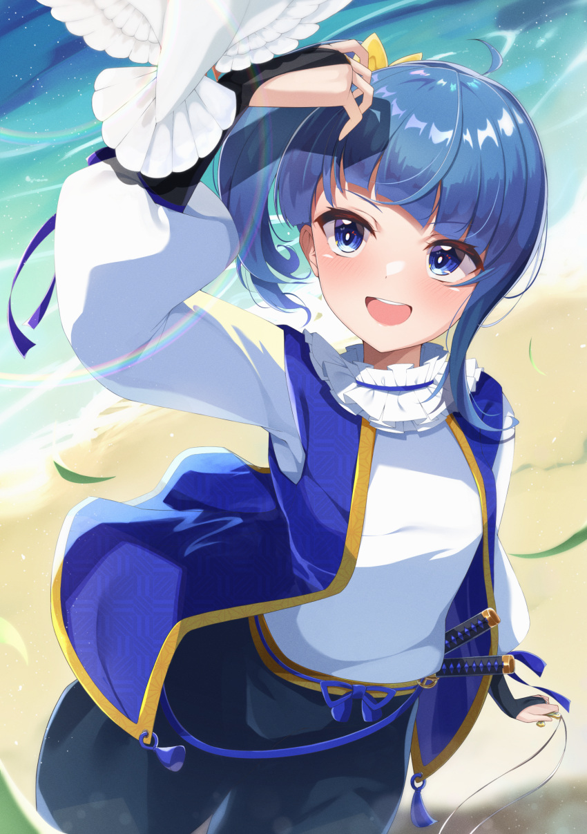 1girl, absurdres, amakusa_shirou, amakusa_shirou_(cosplay), beach, bird, bird_on_hand, black_pants, blue_eyes, blue_hair, blue_vest, bridal_gauntlets, collar, commentary_request, commission, cosplay, day, frilled_collar, frills, highres, hirogaru_sky!_precure, katana, long_sleeves, medium_hair, meshiya_(naruga-501-kuaru), open_clothes, open_mouth, open_vest, outdoors, pants, partial_commentary, pixiv_commission, precure, real_life, sheath, shirt, side_ponytail, single_sidelock, smile, solo, sora_harewataru, standing, sword, vest, weapon, white_shirt