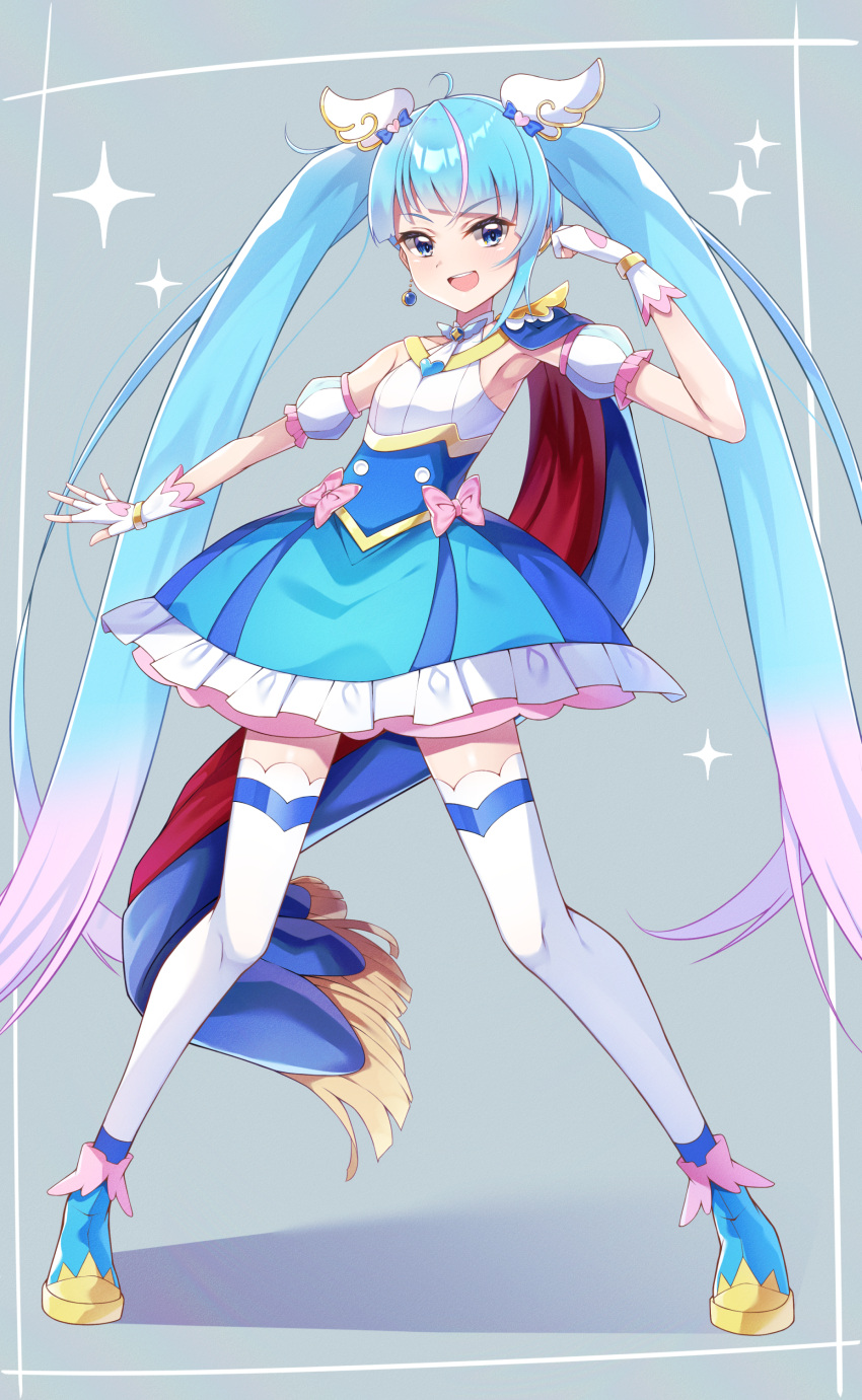 1girl, absurdres, blue_cape, blue_dress, blue_eyes, blue_footwear, blue_hair, boots