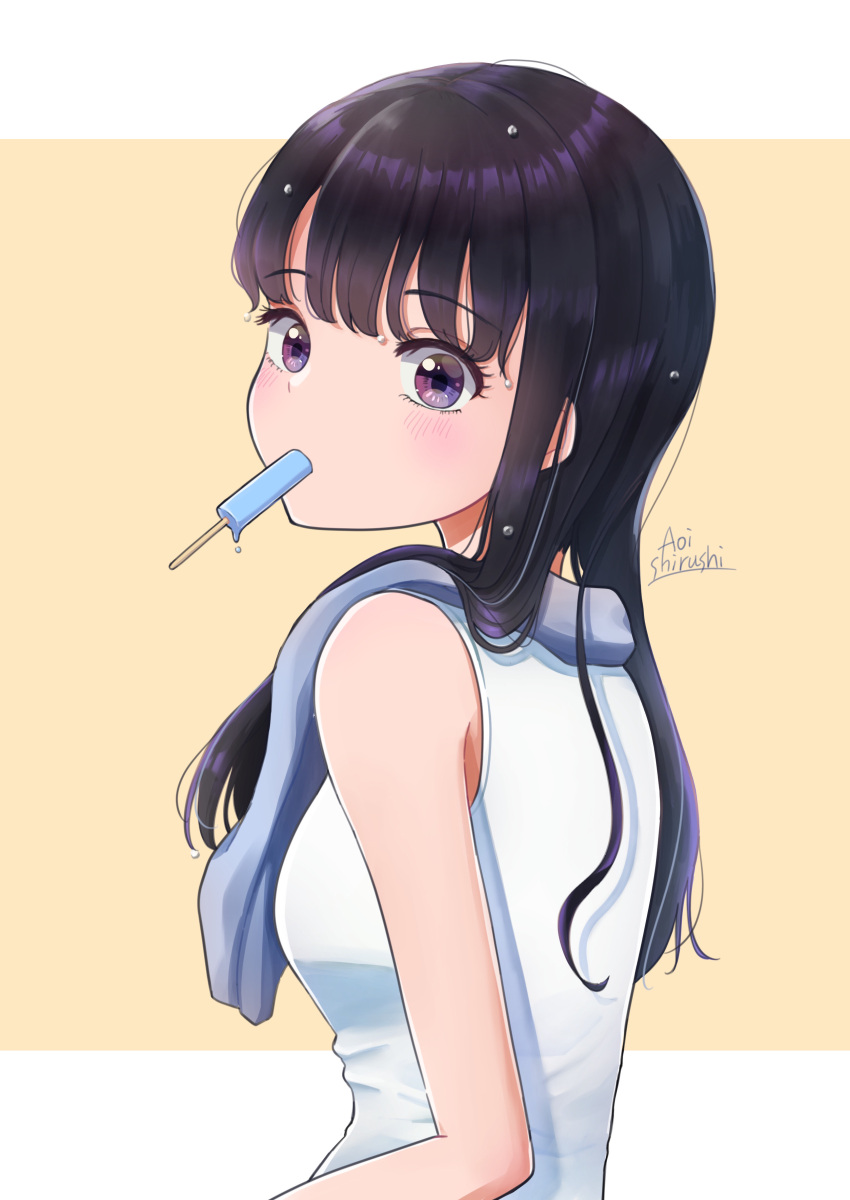 1girl, absurdres, after_bathing, bare_arms, black_hair, blush, food, from_behind