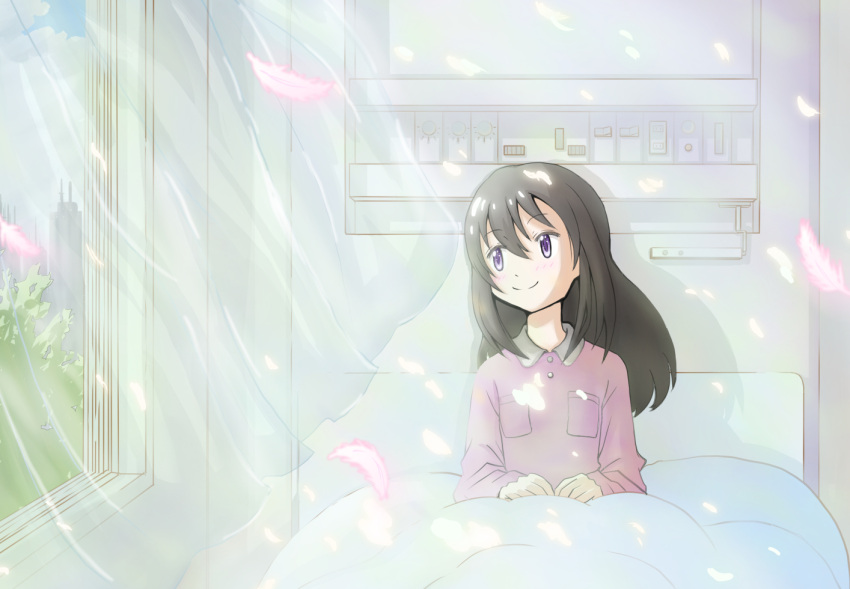 1girl, akemi_homura, bed, black_hair, blanket, collared_shirt, curtains, day