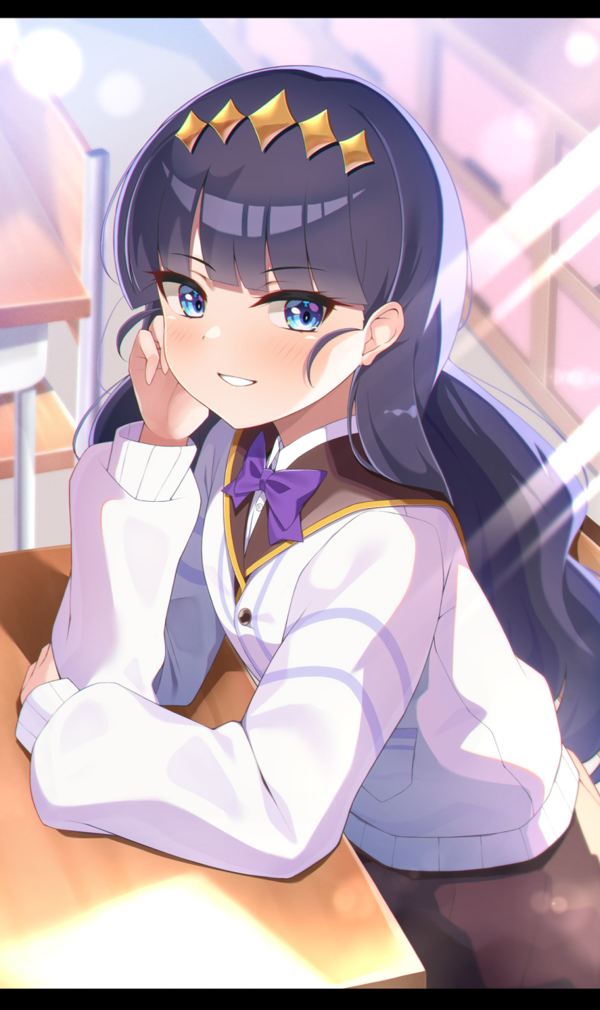 1girl, black_hair, blue_eyes, blunt_bangs, bow, bowtie, brown_dress, brown_sailor_collar