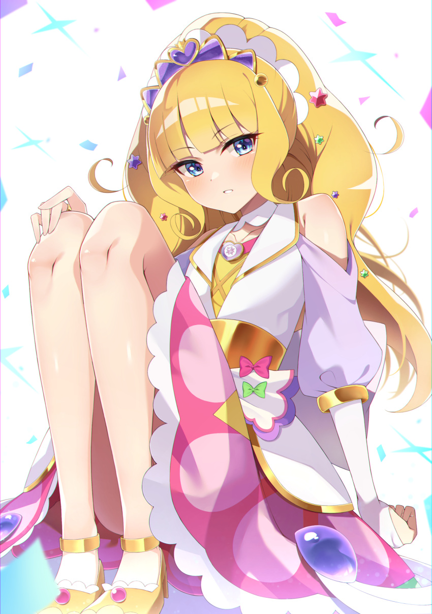 1girl, blonde_hair, blue_eyes, blunt_bangs, bridal_gauntlets, brooch, candy, candy_hair_ornament