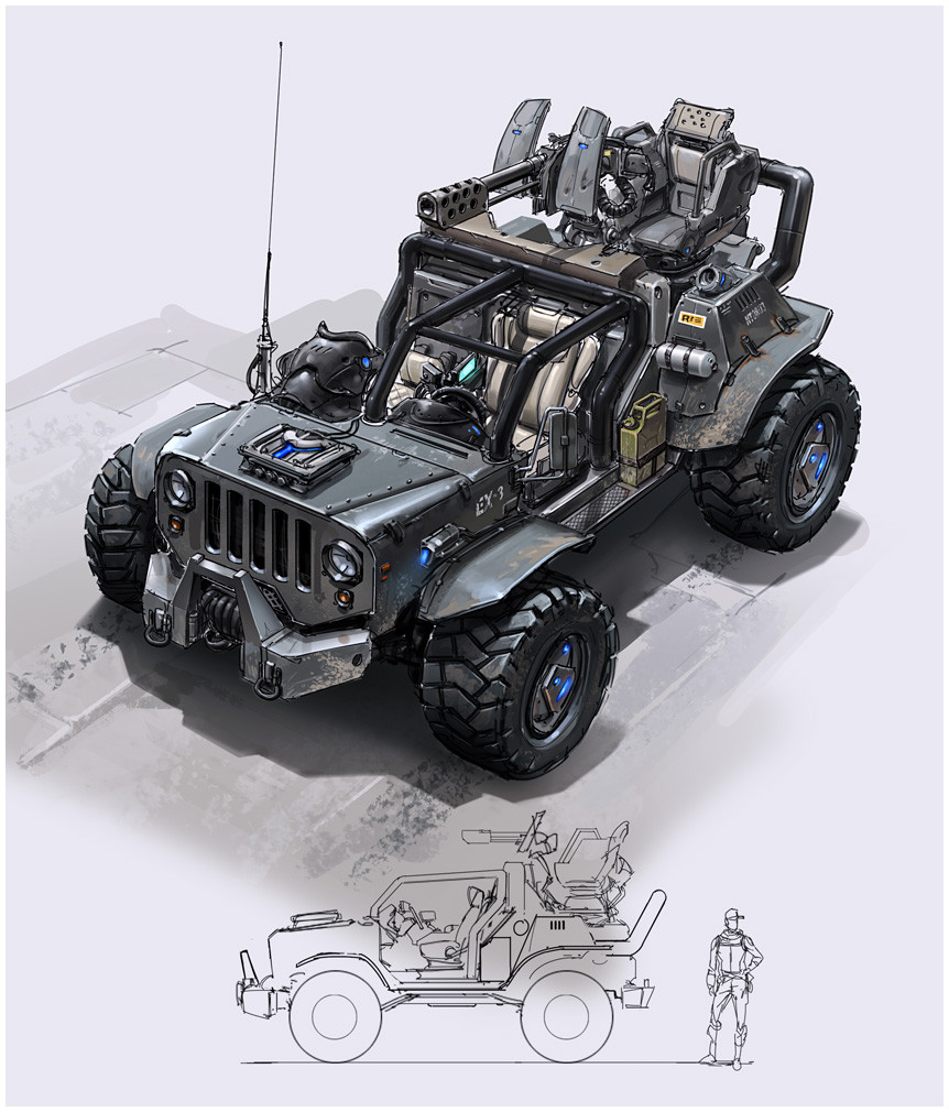 1other, baseball_cap, boots, defiance_(game), english_commentary, hat, hethe_srodawa, jacket, jeep, motor_vehicle, official_art, pants, production_art, radio_antenna, scarf, size_comparison, turret, vehicle_focus