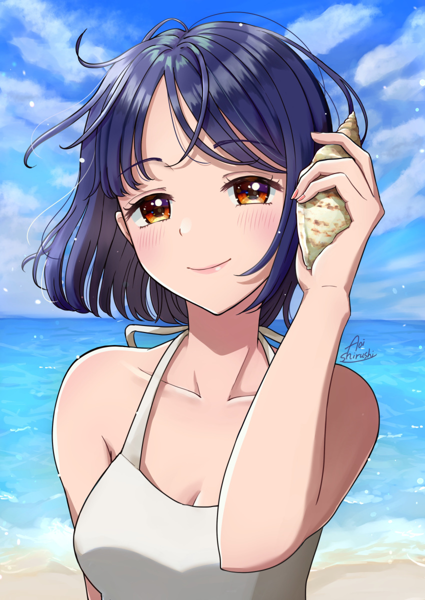 1girl, absurdres, blue_hair, collarbone, dress, hand_up, head_tilt, highres