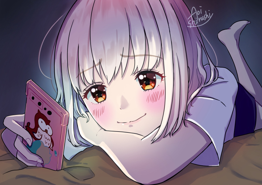 1girl, absurdres, bed, blonde_hair, blush, cellphone, highres, konatsu_miki