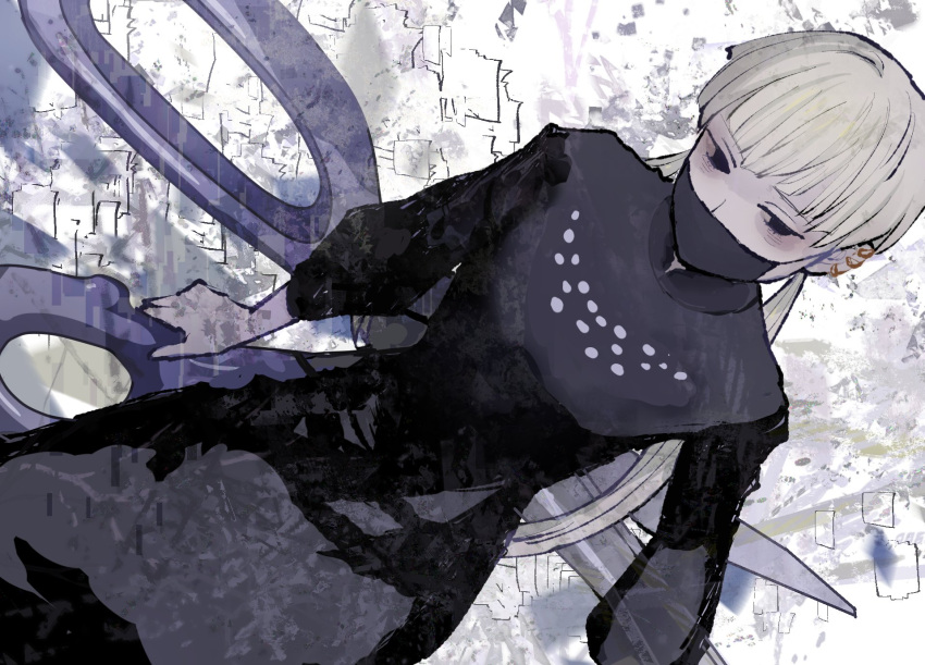 1girl, bags_under_eyes, black_dress, black_eyes, black_mask, blonde_hair, braid, choujin_x
