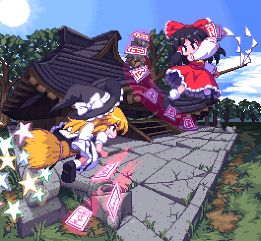 blonde_hair, broom, broom_riding, gohei, hakurei_reimu, hakurei_shrine, kirisame_marisa, kou_2008, ofuda, pixel_art, shrine, star, sun, touhou, tree