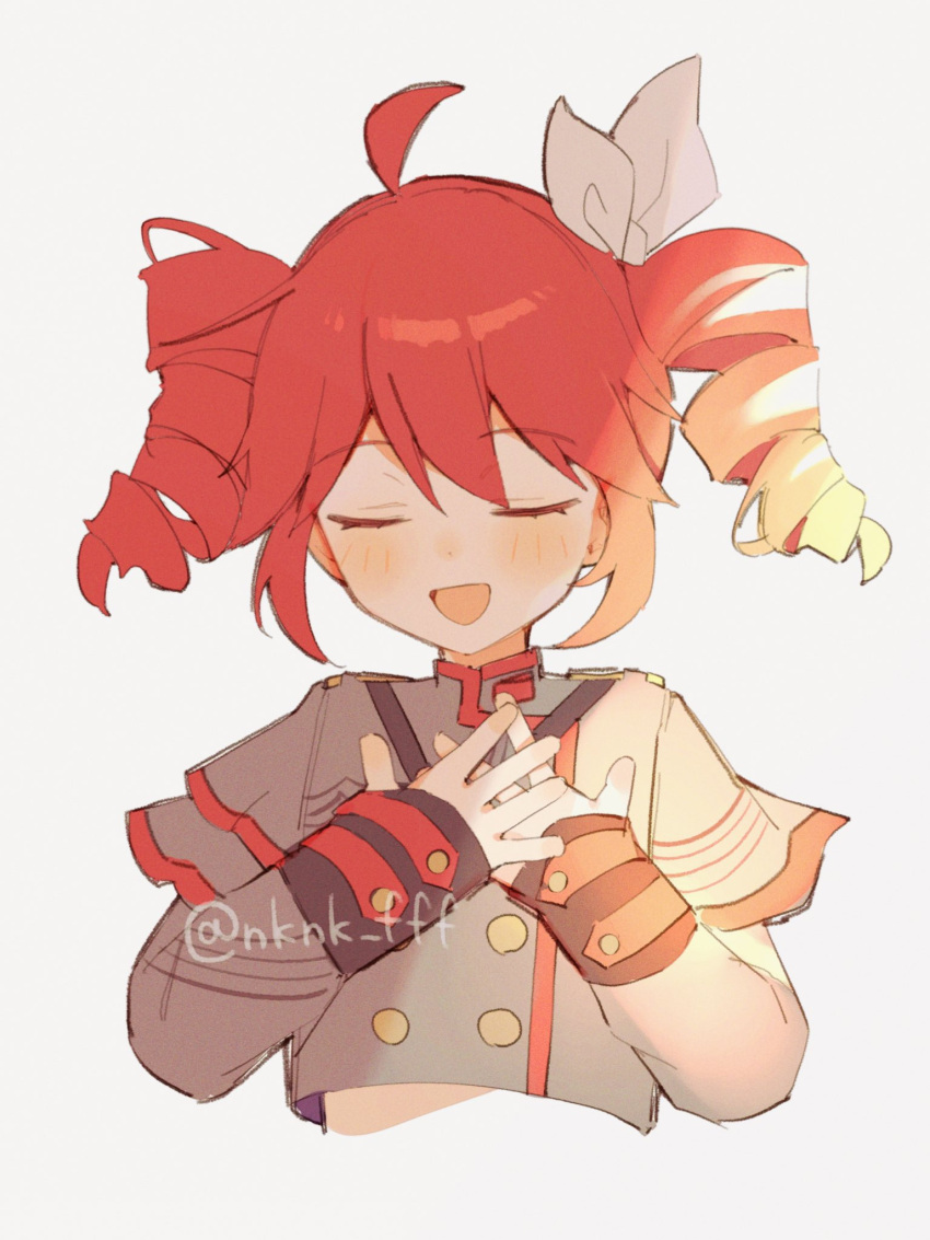 1girl, ahoge, buttons, closed_eyes, cropped_torso, double-breasted, drill_hair, facing_viewer, grey_jacket, hair_ribbon, hands_on_own_chest, highres, jacket, kasane_teto, kasane_teto_(sv), long_sleeves, open_mouth, own_hands_together, redhead, ribbon, simple_background, smile, solo, synthesizer_v, tananuki, twin_drills, twintails, twitter_username, upper_body, utau, white_background