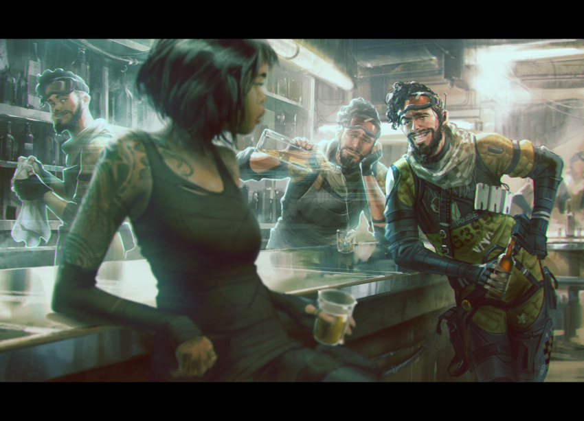 1girl, 3boys, apex_legends, bar_(place), beard, black_eyes, black_gloves, black_hair