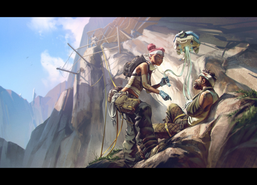 1boy, 1girl, apex_legends, arm_sling, backpack, bag, beard, black_pants