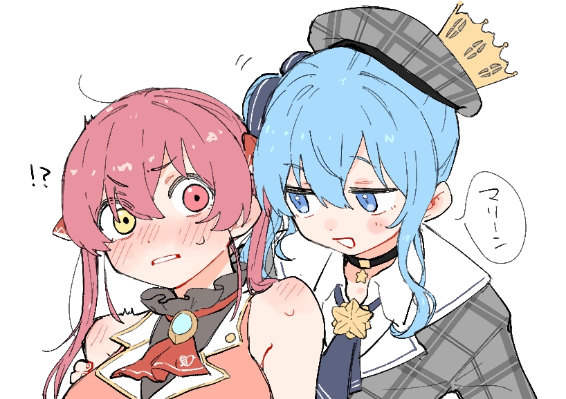 !?, 2girls, ascot, blue_eyes, blue_hair, blush, choker, collar, commentary, embarrassed, english_commentary, flirting, grey_headwear, grey_jacket, half-closed_eyes, hand_on_another's_shoulder, heterochromia, hololive, hoshimachi_suisei, hoshimachi_suisei_(1st_costume), houshou_marine, houshou_marine_(1st_costume), jacket, light_blue_hair, multiple_girls, ohagi_0909, plaid_headwear, red_ascot, red_eyes, redhead, shoulder_blush, simple_background, speech_bubble, star_(symbol), star_choker, translated, virtual_youtuber, white_background, white_collar, yellow_eyes, yuri