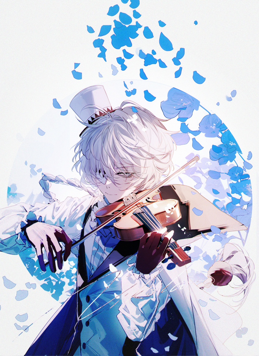 1boy, absurdres, baocaizi, black_gloves, blue_flower, bow_(music), bungou_stray_dogs, commentary