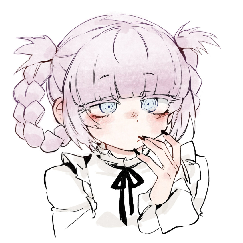 1girl, :/, black_nails, black_ribbon, blue_eyes, blunt_bangs, blush, braided_hair_rings