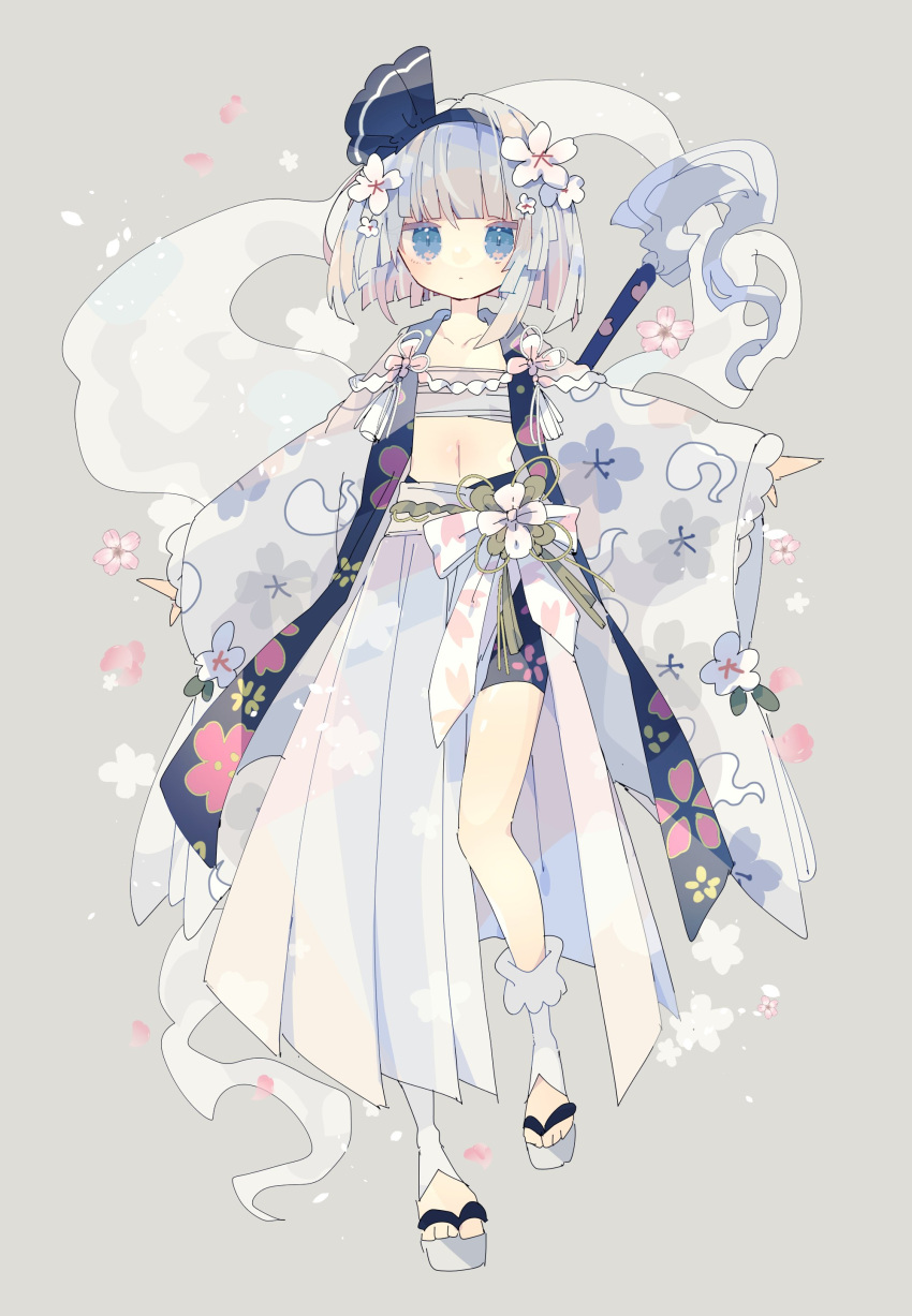 1girl, absurdres, androgynous, bandaged_chest, bare_legs, blue_eyes, blue_hairband, blunt_bangs, bob_cut, chest_binder, collarbone, expressionless, falling_petals, flat_chest, floral_print, floral_print_shorts, flower, fog, full_body, ghost, grey_background, hair_flower, hair_ornament, hairband, highres, japanese_clothes, looking_at_viewer, navel, nikorashi-ka, original, outstretched_arms, petals, short_hair, skirt, solo, spread_arms, standing, stomach, white_footwear, white_hair, white_skirt, wide_sleeves