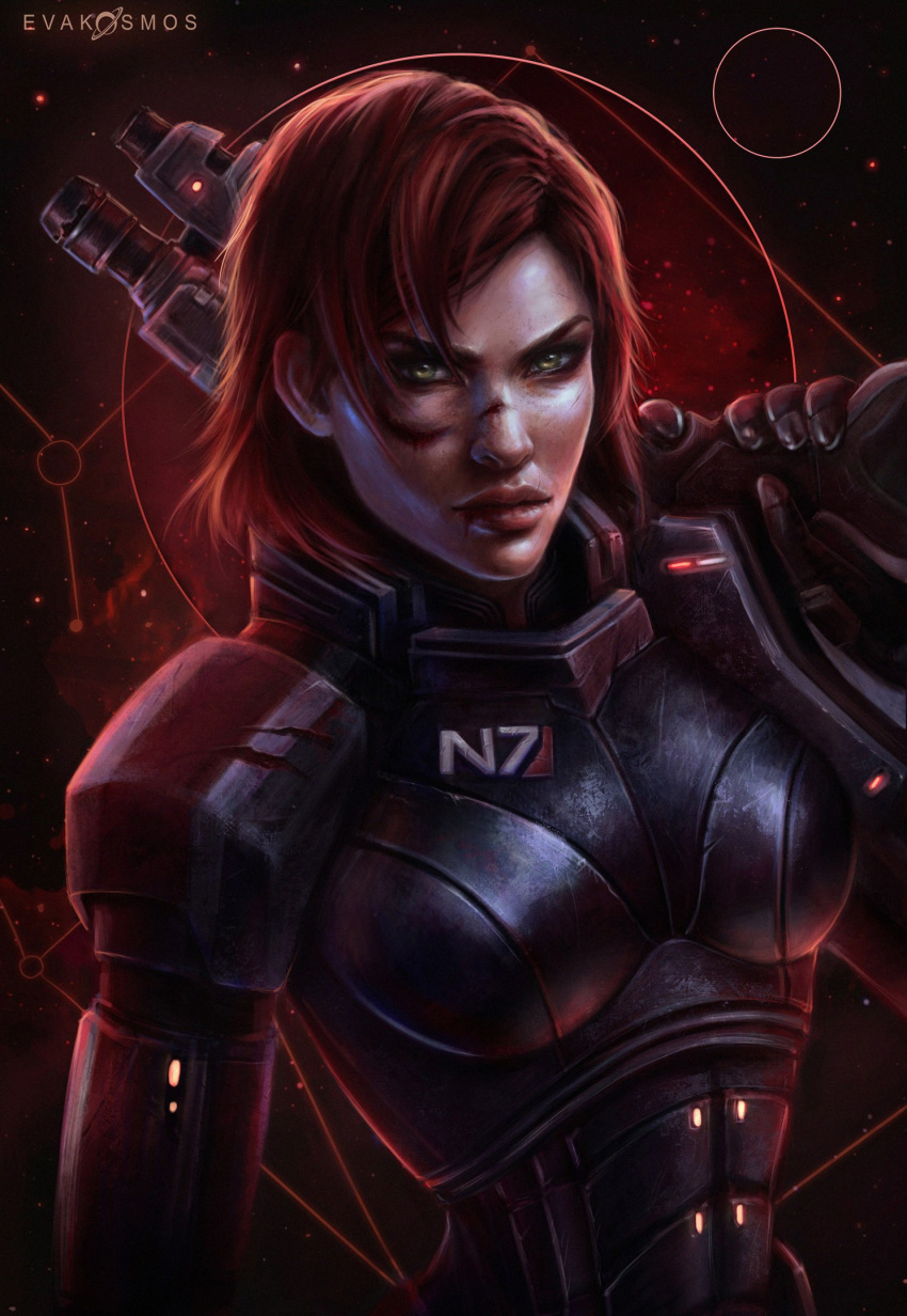 1girl, armor, artist_name, black_gloves, blood, blood_on_face, commander_shepard, commander_shepard_(female), cuts, eva_kosmos, gloves, green_eyes, gun, highres, holding, holding_gun, holding_weapon, injury, mass_effect_(series), medium_hair, n7_armor, power_armor, redhead, solo, space, star_(sky), upper_body, weapon