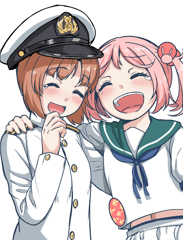 2girls, admiral_(kancolle), admiral_(kancolle)_(cosplay), arm_around_back, arm_around_shoulder, blouse, blue_neckerchief, brown_hair