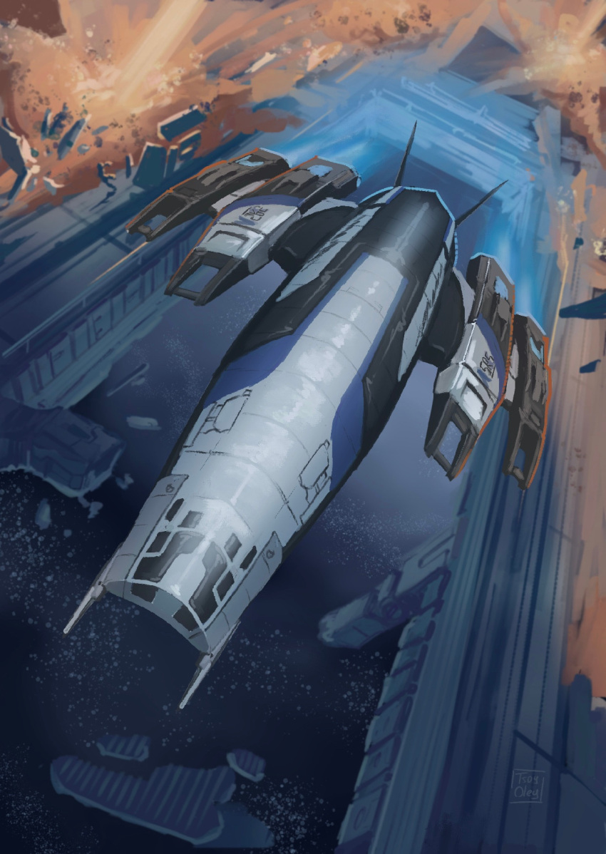 english_commentary, explosion, from_above, highres, mass_effect_(series), mass_effect_3, no_humans, oleg_tsoy, procreate_(medium), science_fiction, space, spacecraft, ssv_normandy_sr-2, star_(sky), vehicle_focus