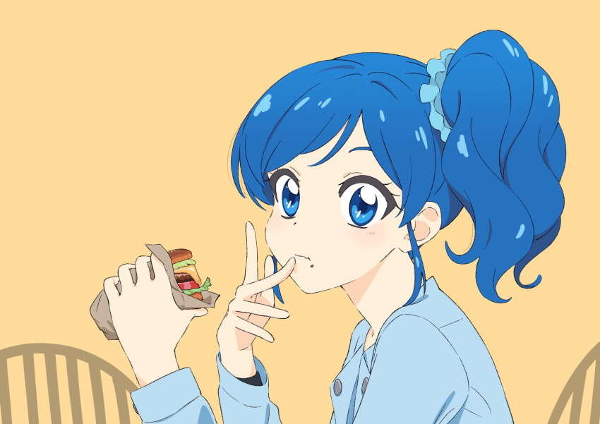 1girl, aikatsu!, aikatsu!_(series), blue_eyes, blue_hair, blue_jacket, blue_scrunchie, blush