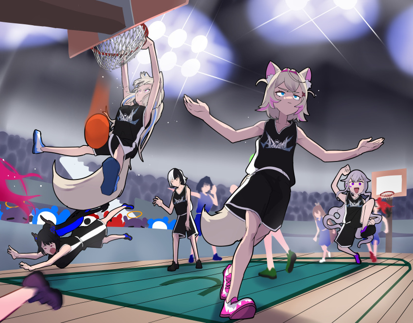 6+girls, 6+others, absurdres, alternate_costume, ball, basketball_(object), basketball_court, basketball_jersey