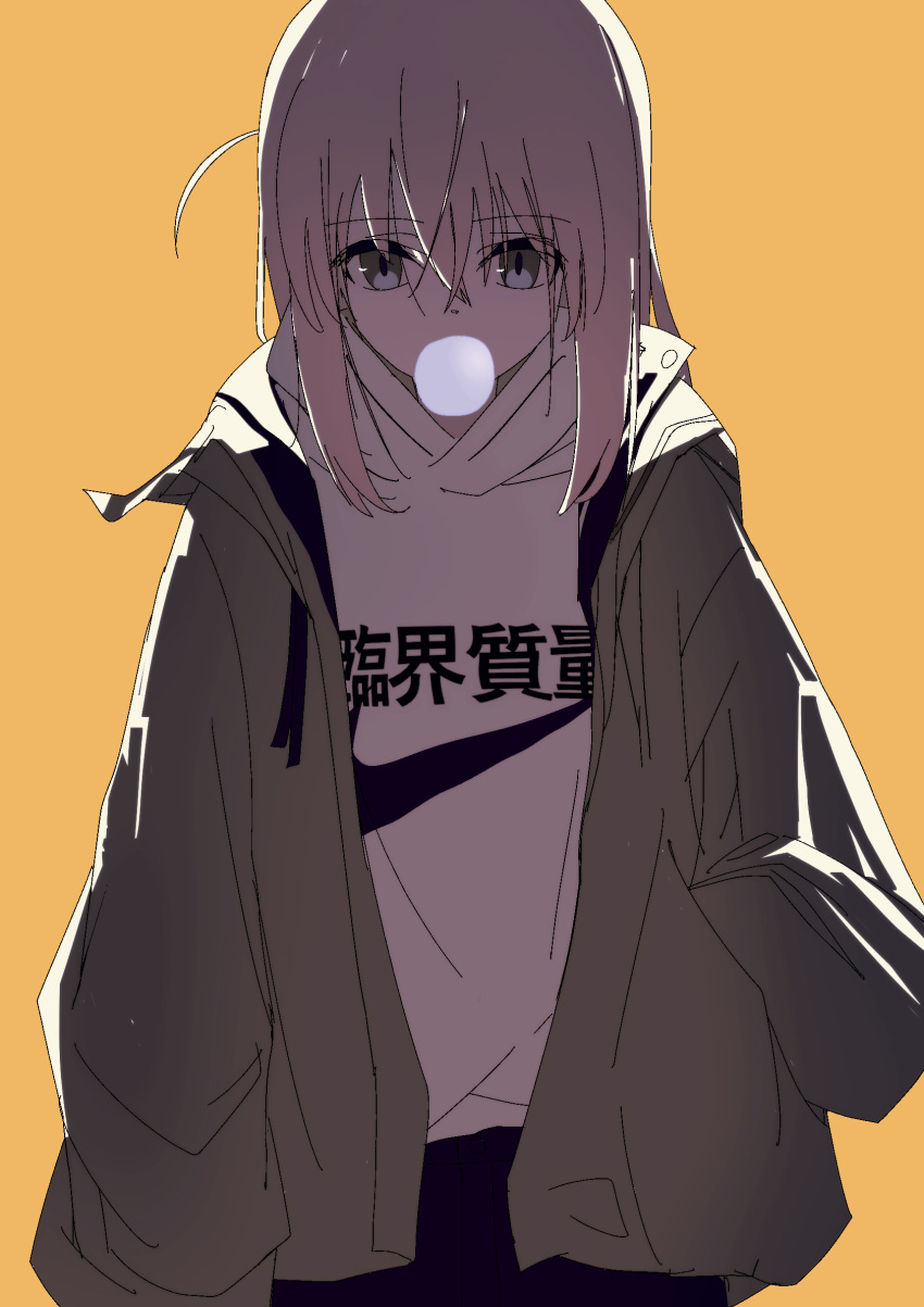 1girl, blue_eyes, bocchi_the_rock!, chewing_gum, commentary, cowboy_shot, dated_commentary, expressionless