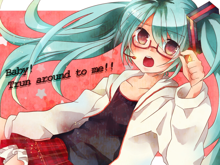 1girl, aqua_hair, bespectacled, blush, engrish, glasses, hatsune_miku, headphones