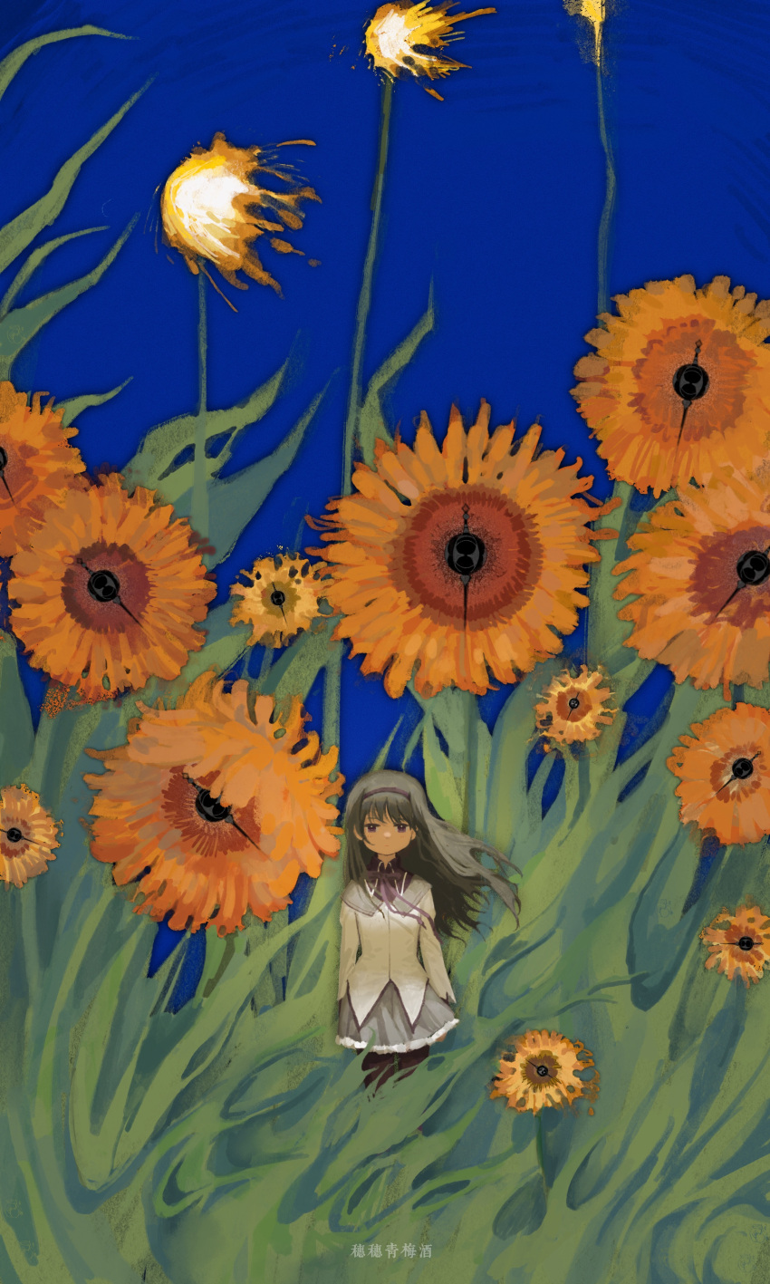 1girl, absurdres, akemi_homura, arms_at_sides, black_hair, blue_background, brown_pantyhose, burning