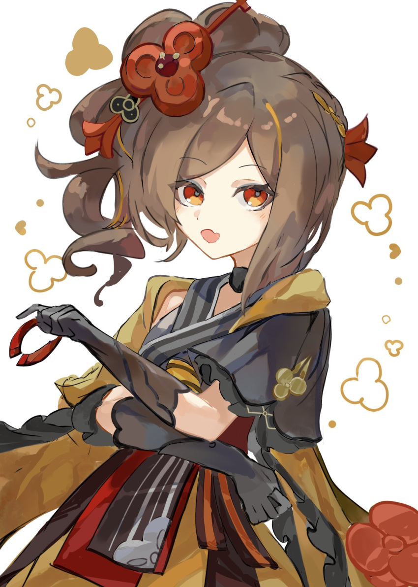 1girl, :d, akizuwa, black_gloves, brown_hair, chiori_(genshin_impact), cowboy_shot, detached_sleeves