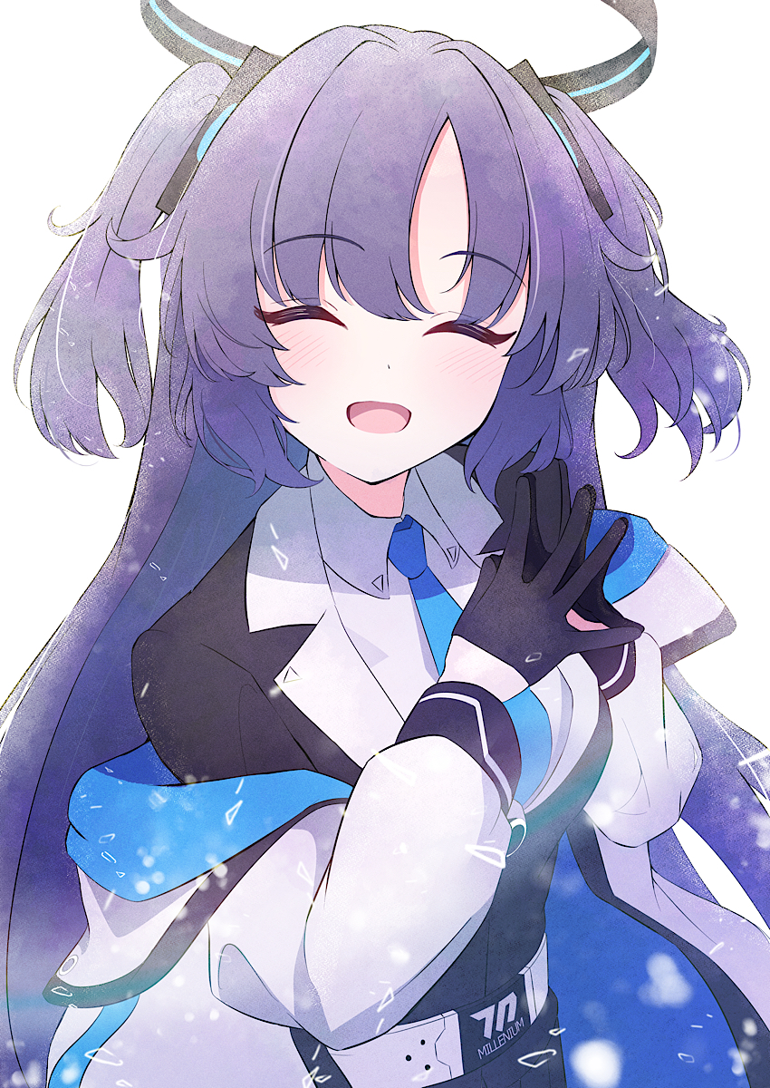 1girl, black_gloves, blue_archive, blue_necktie, blush, collared_shirt, facing_viewer, gloves