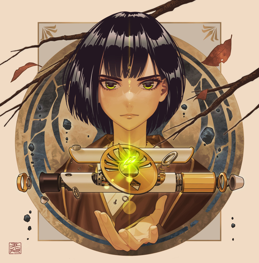 1girl, 5health, absurdres, black_hair, closed_mouth, energy_sword, green_eyes, highres, lightsaber, lily_tora-asi, looking_at_viewer, outstretched_hand, portrait, solo, star_wars, star_wars:_the_high_republic, sword, weapon