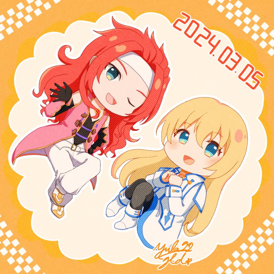 1boy, 1girl, artist_name, belt, black_gloves, blonde_hair, blue_eyes, blue_trim, boots, colette_brunel, commentary_request, dated, deformed, gloves, headband, knees_together_feet_apart, long_hair, one_eye_closed, own_hands_together, pants, redhead, shoes, tales_of_(series), tales_of_symphonia, two-tone_background, white_background, white_footwear, white_headband, white_pants, yellow_background, yula22_gld, zelos_wilder