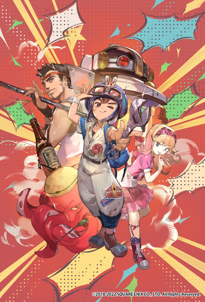 1girl, 2boys, black_hair, blonde_hair, closed_mouth, dress, full_body, gen_(saga)