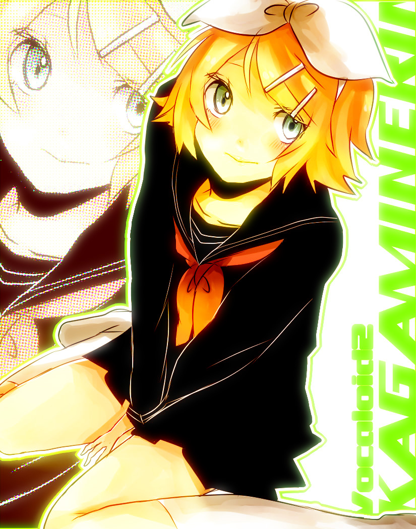 aqua_eyes, blonde_hair, blush, hair_ornament, hair_ribbon, hairclip, kagamine_rin, ribbon