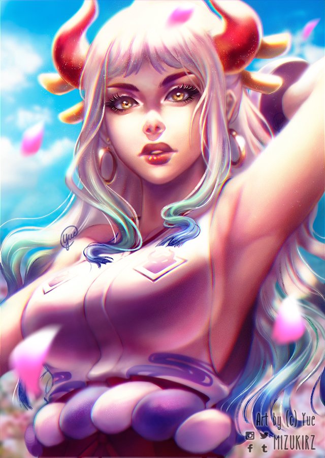 1girl, aqua_hair, artist_name, commentary_request, curled_horns, earrings, english_commentary, english_text, facebook_logo, hair_ornament, hair_stick, hoop_earrings, horns, instagram_logo, jewelry, long_hair, looking_at_viewer, mixed-language_commentary, mizukirz, multicolored_hair, multicolored_horns, one_piece, oni, outdoors, realistic, red_horns, solo, spanish_commentary, tumblr_logo, twitter_logo, white_hair, yamato_(one_piece)