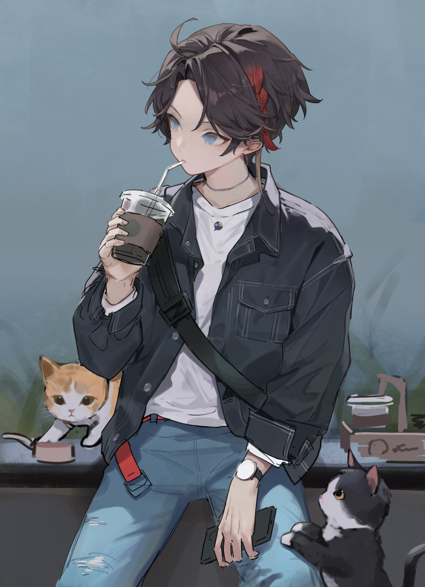 1boy, absurdres, ahoge, black_jacket, blue_eyes, blue_pants, braid, brown_hair