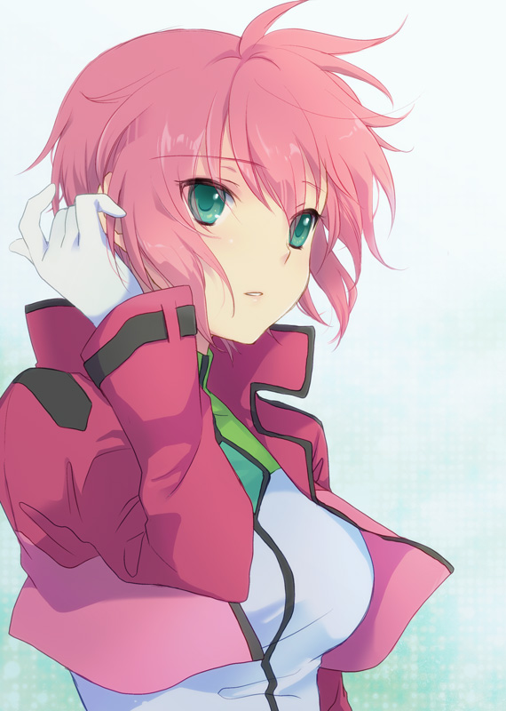 alternate_hairstyle, arch_(artist), arm_up, bolero, face, feldt_grace, gloves, green_eyes