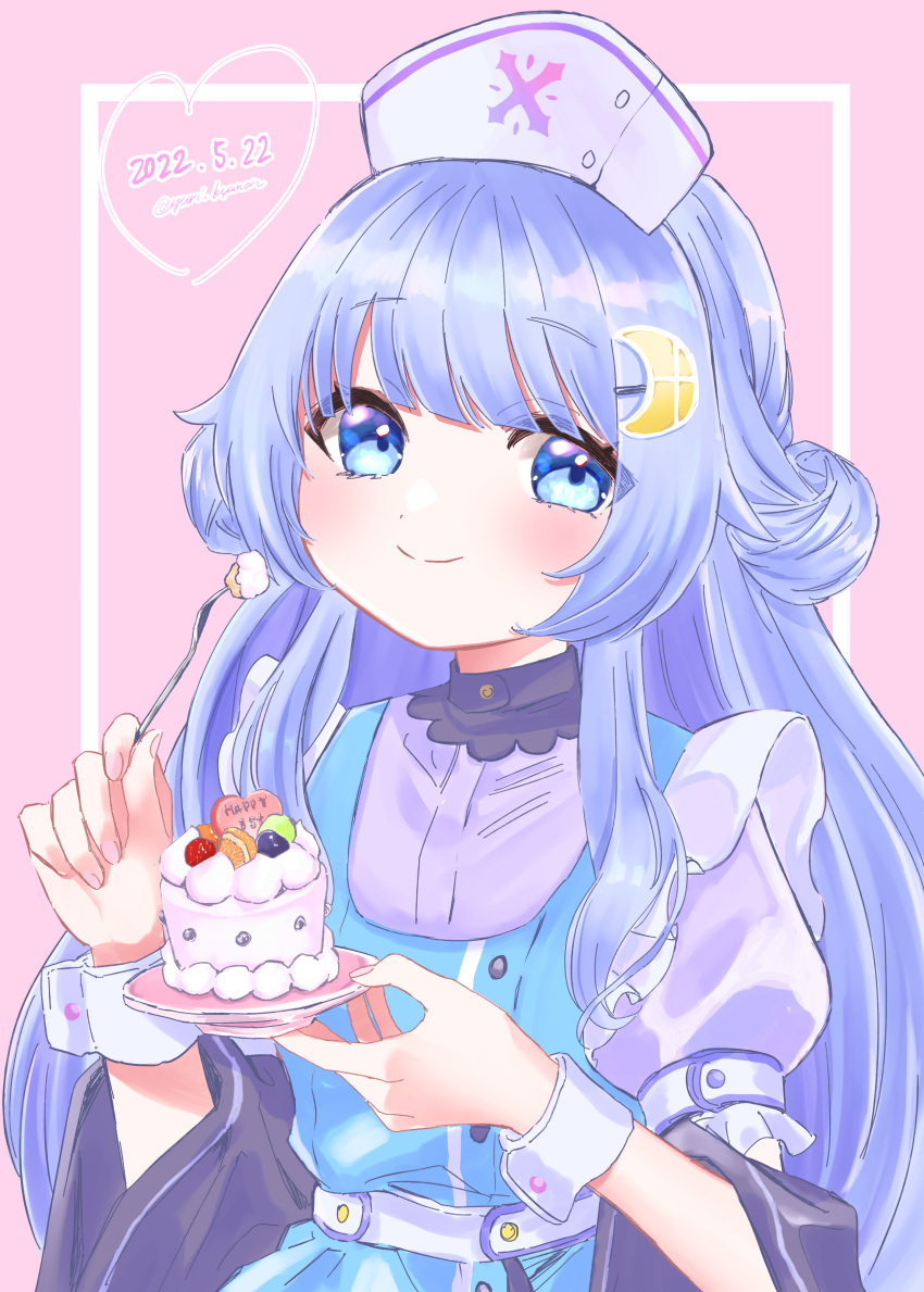 1girl, absurdres, artist_name, blue_dress, blue_eyes, blue_hair, cake, closed_mouth