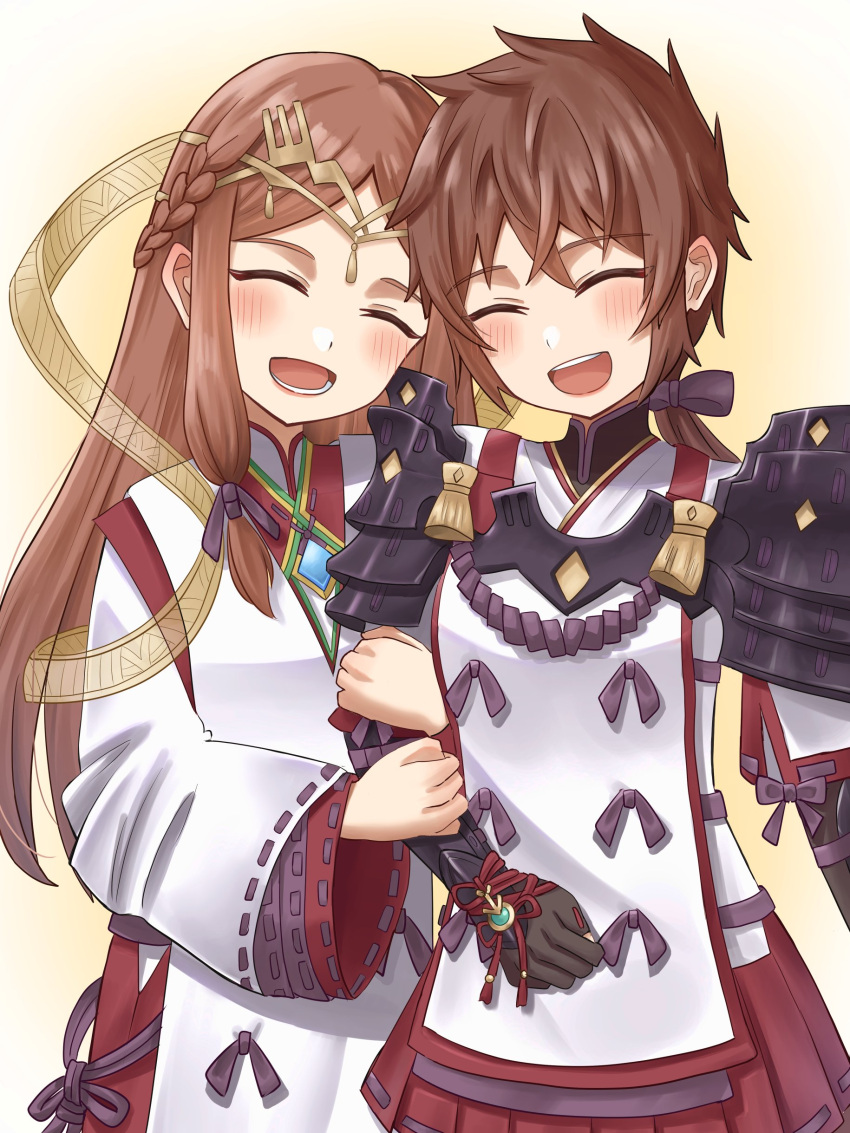 2girls, :d, ^_^, absurdres, aohoshi_non, arm_hug, armor, black_bow