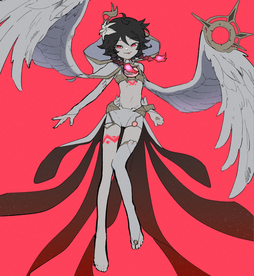 1boy, :p, alternate_color, angel_wings, asymmetrical_legwear, black_hair, braid, chest_tattoo
