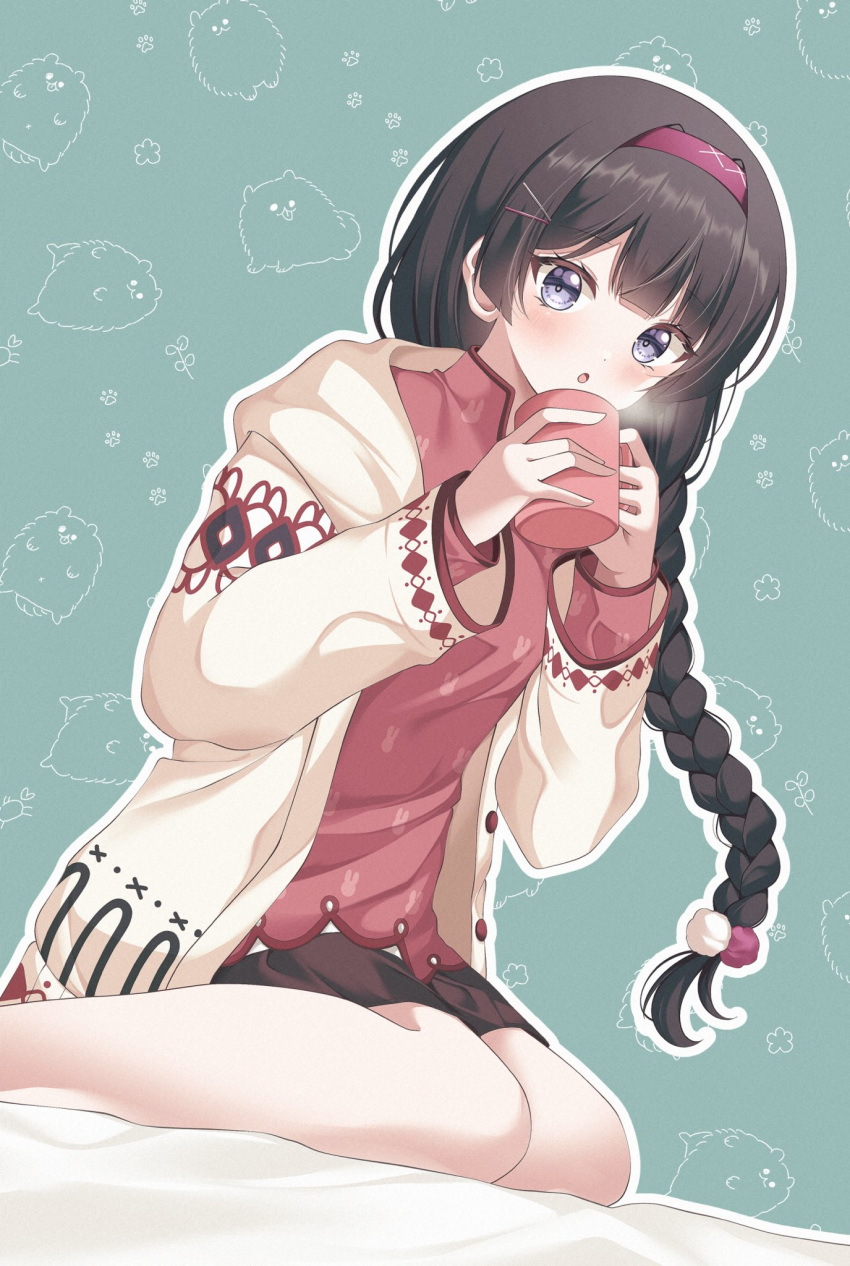 1girl, :o, animal_print, black_skirt, blue_eyes, blush, brown_hair, collared_shirt, cup, dot_nose, feet_out_of_frame, futaba_nanami, green_background, hair_intakes, hair_ornament, hairband, hairpin, highres, holding, holding_cup, hood, hood_down, hooded_jacket, jacket, long_hair, long_sleeves, looking_at_viewer, low-braided_long_hair, low-tied_long_hair, miniskirt, mug, nijisanji, open_clothes, open_jacket, open_mouth, outline, print_shirt, rabbit_print, red_hairband, red_shirt, shirt, sidelocks, simple_background, sitting, skirt, solo, steam, tsukino_mito, virtual_youtuber, wariza, white_jacket, white_outline