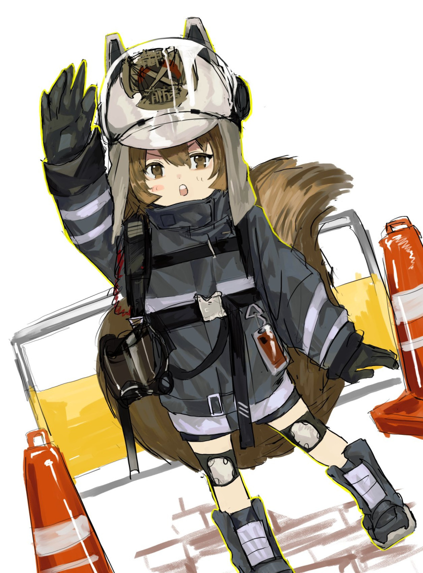 1girl, animal_hat, arknights, arm_up, black_footwear, black_gloves, black_jacket, black_shorts