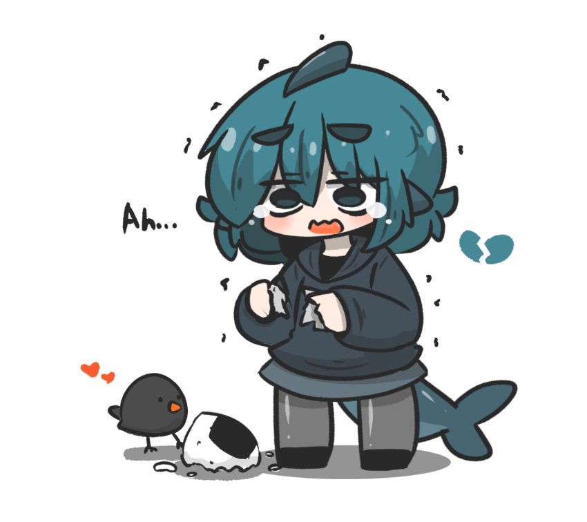 1girl, animal, bird, black_footwear, black_hoodie, blue_eyes, blue_hair, chibi