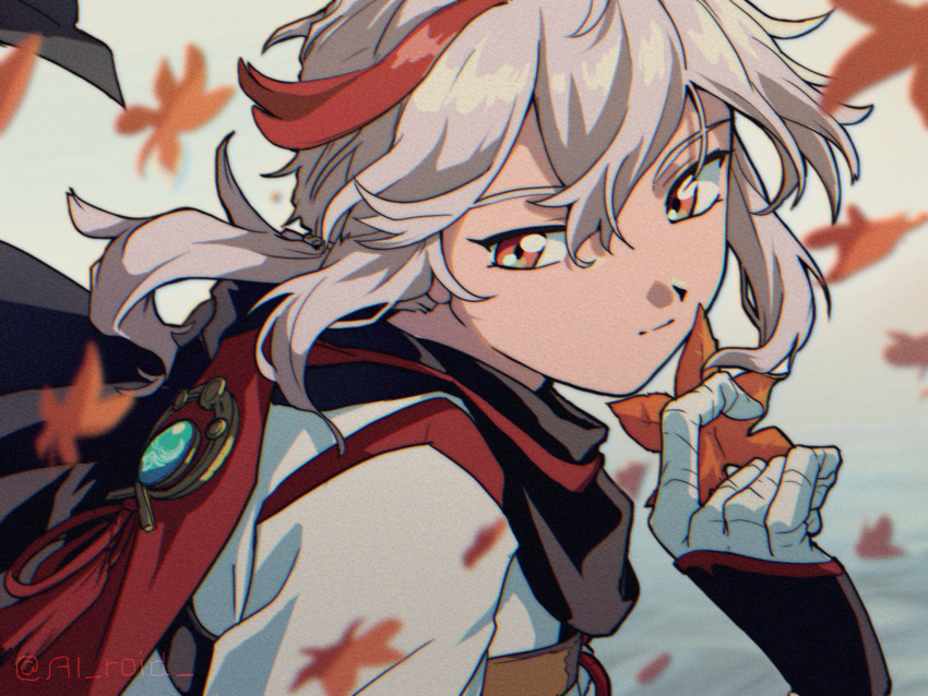 1boy, ai_roid, bandaged_hand, bandages, black_gloves, closed_mouth, fingerless_gloves, genshin_impact, gloves, grey_hair, hair_between_eyes, highres, holding, holding_leaf, japanese_clothes, kaedehara_kazuha, leaf, looking_at_viewer, male_focus, multicolored_hair, ponytail, red_eyes, redhead, retro_artstyle, solo, streaked_hair, twitter_username, upper_body, vision_(genshin_impact)
