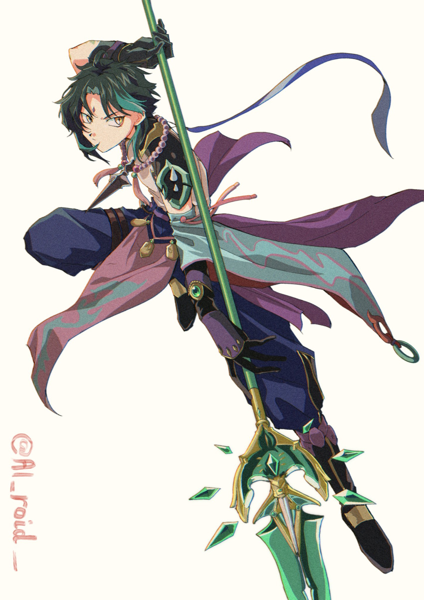 1boy, ai_roid, arm_up, bead_necklace, beads, black_gloves, black_hair, closed_mouth