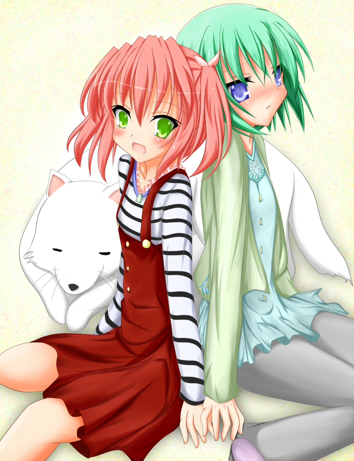 blue_eyes, cherry_(lucky_star), dog, green_eyes, green_hair, iwasaki_minami, kobayakawa_yutaka, lucky_star