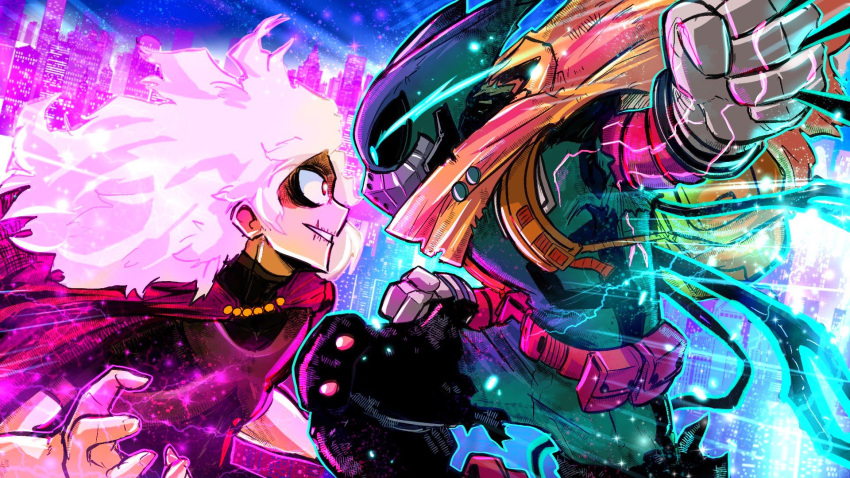 2boys, bags_under_eyes, battle, belt, belt_pouch, black_sclera, bodysuit, boku_no_hero_academia