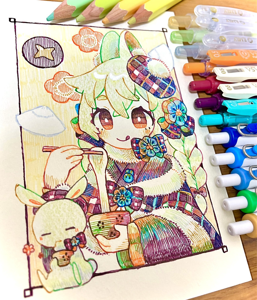 1girl, :q, animal_ear_fluff, animal_ears, art_tools_in_frame, blue_flower, bow, bowl, braid, bright_pupils, brown_headwear, capelet, check_headwear, chopsticks, closed_mouth, colored_pencil_(medium), commentary_request, crossed_bangs, eating, floral_background, flower, food, fur-trimmed_capelet, fur_trim, green_hair, hair_bow, hair_flower, hair_ornament, hands_up, hat, hatching_(texture), headwear_request, highres, holding, holding_bowl, holding_chopsticks, japanese_clothes, kimono, long_hair, long_sleeves, mochi, mochi_trail, orange_eyes, original, photo_(medium), pink_bow, piyoko9494, pom_pom_(clothes), rabbit, rabbit_ears, rabbit_pin, red_bow, smile, solo, tam_o'_shanter, tongue, tongue_out, traditional_media, twin_braids, upper_body, white_pupils, wide_sleeves, zouni_soup