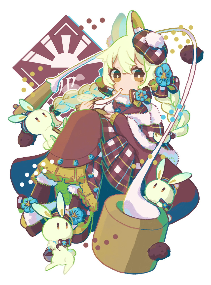 1girl, animal_ear_fluff, animal_ears, apron, blue_flower, bow, braid, bright_pupils